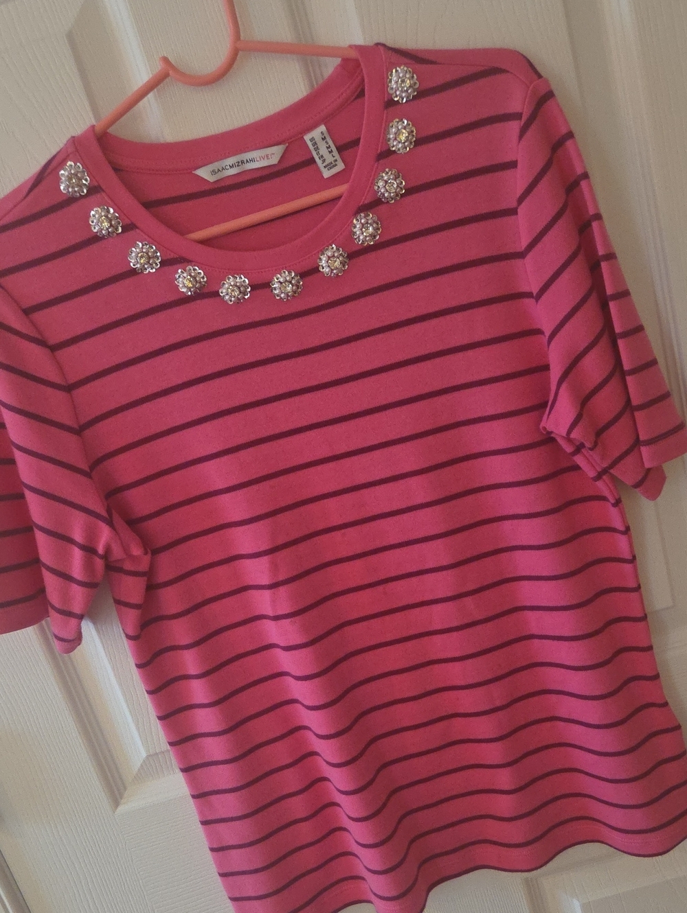 Isaac Mizrahi Pink and Burgundy Striped Tee with Rhinestone Flower Accents